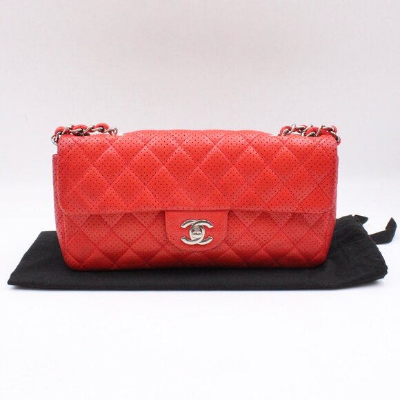 Pre-Owned, Restored CHANEL Perforated Leather Flap Shoulder Bag in Red/Silver - Picture 1 of 16